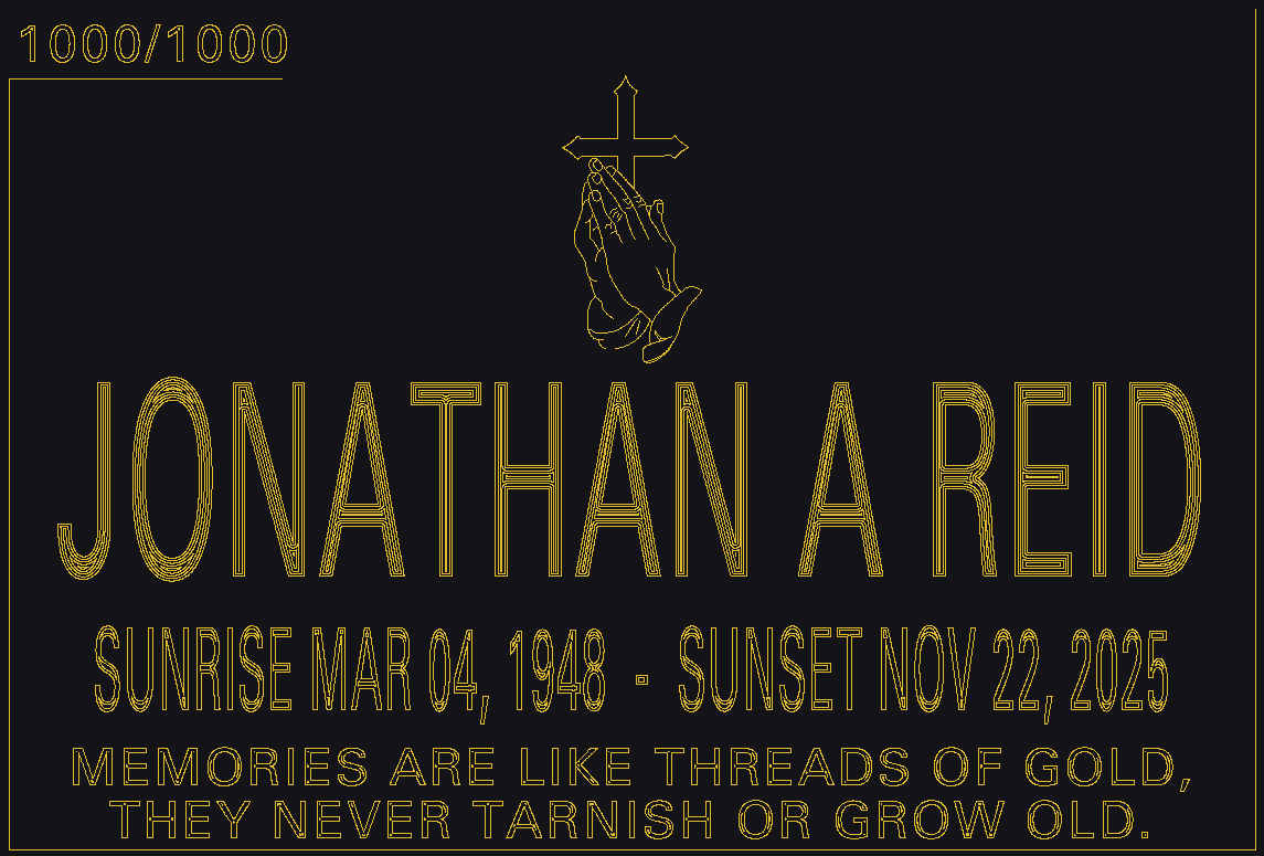Headstone Engine — order text automatically laid out as an engraving-ready plaque proof (sample name, not a real order)